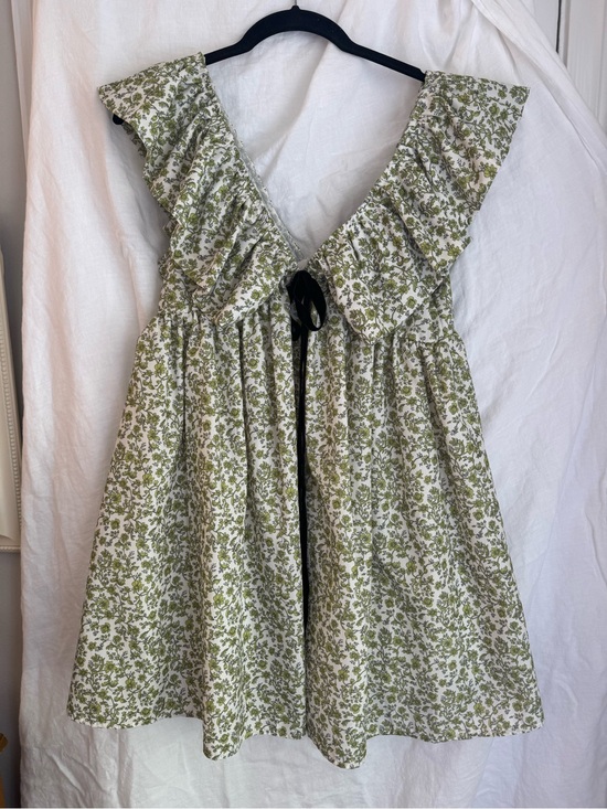 Dresses & Skirts - Olive Green Floral Ruffle Mini Dress with Front Tie